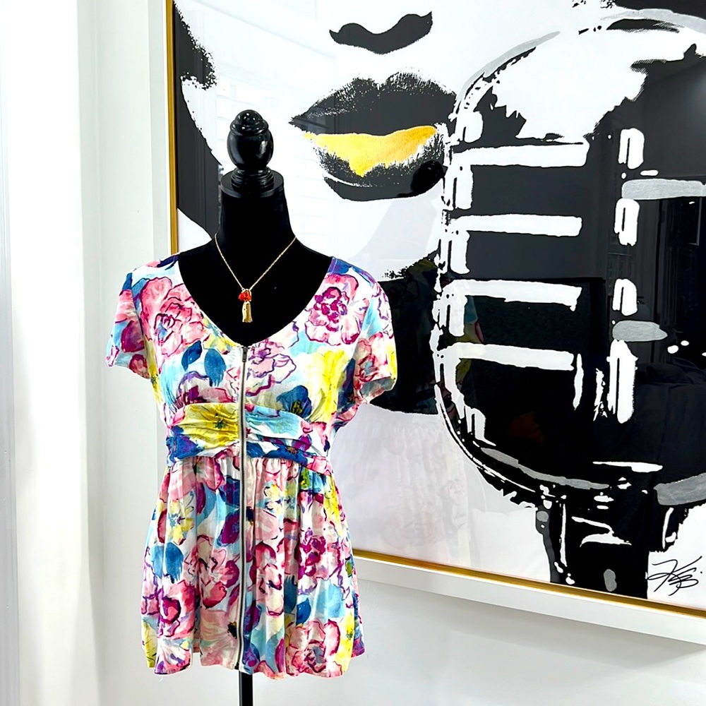Forever 21 Bright Floral Babydoll Top w/Short-sleeves, Size L